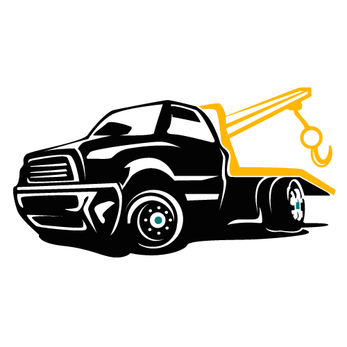 Illustration of a tow truck in black and yellow, facing left. The truck features a prominent front grille and visible side mirror, showcasing its role in towing services. A crane arm with a hook extends from the back, perfect for emergency roadside assistance. The wheels are stylized with detail.