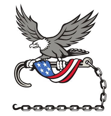An illustration of an eagle with outstretched wings, perched on a large fish hook adorned with an American flag design of stars and stripes, symbolizing strength and reliability—much like the unwavering support offered by a trusted towing company. The background is solid black.
